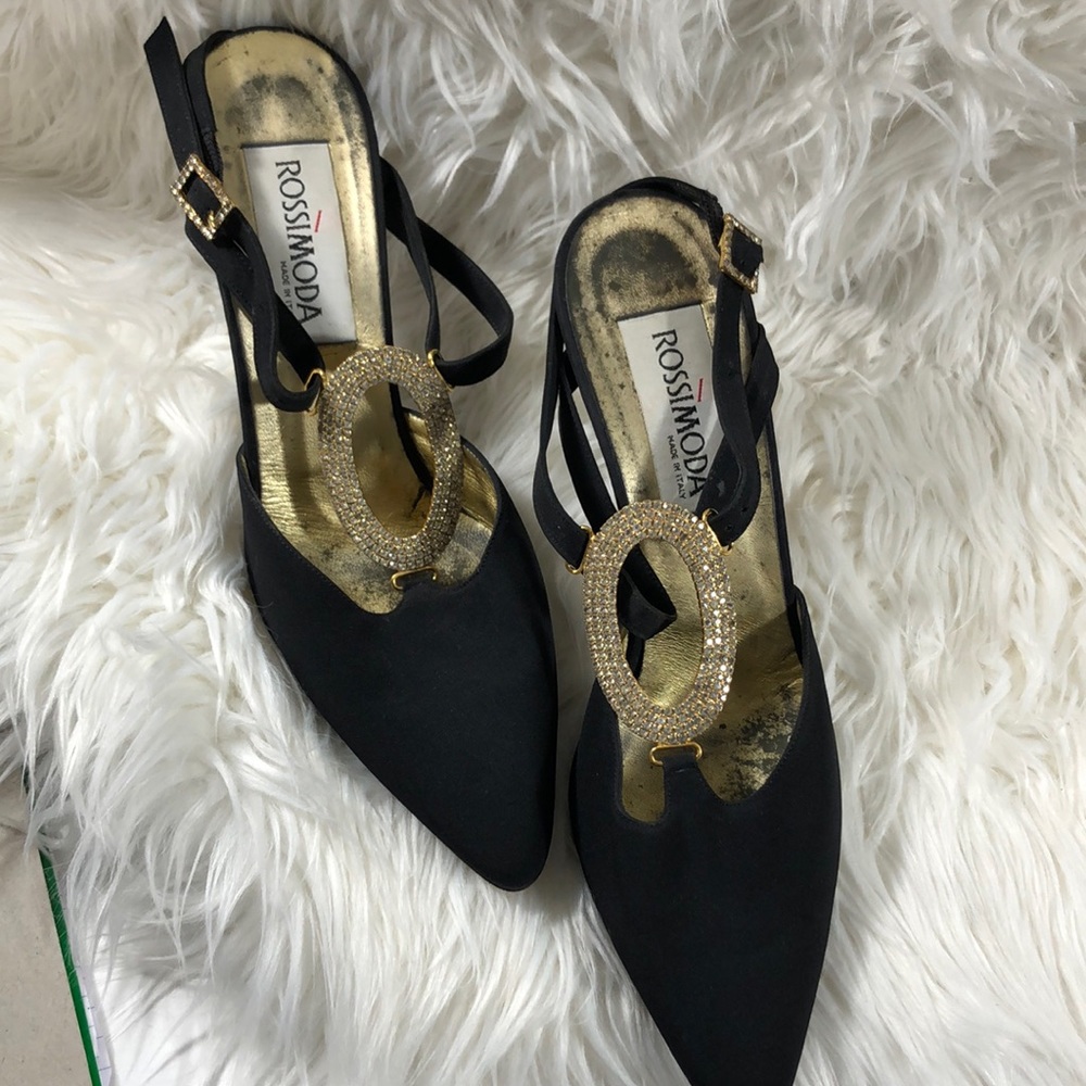 Vintage Rossimoda black sue shoe embellished rhinestone and buckles Sz 9 m🔥